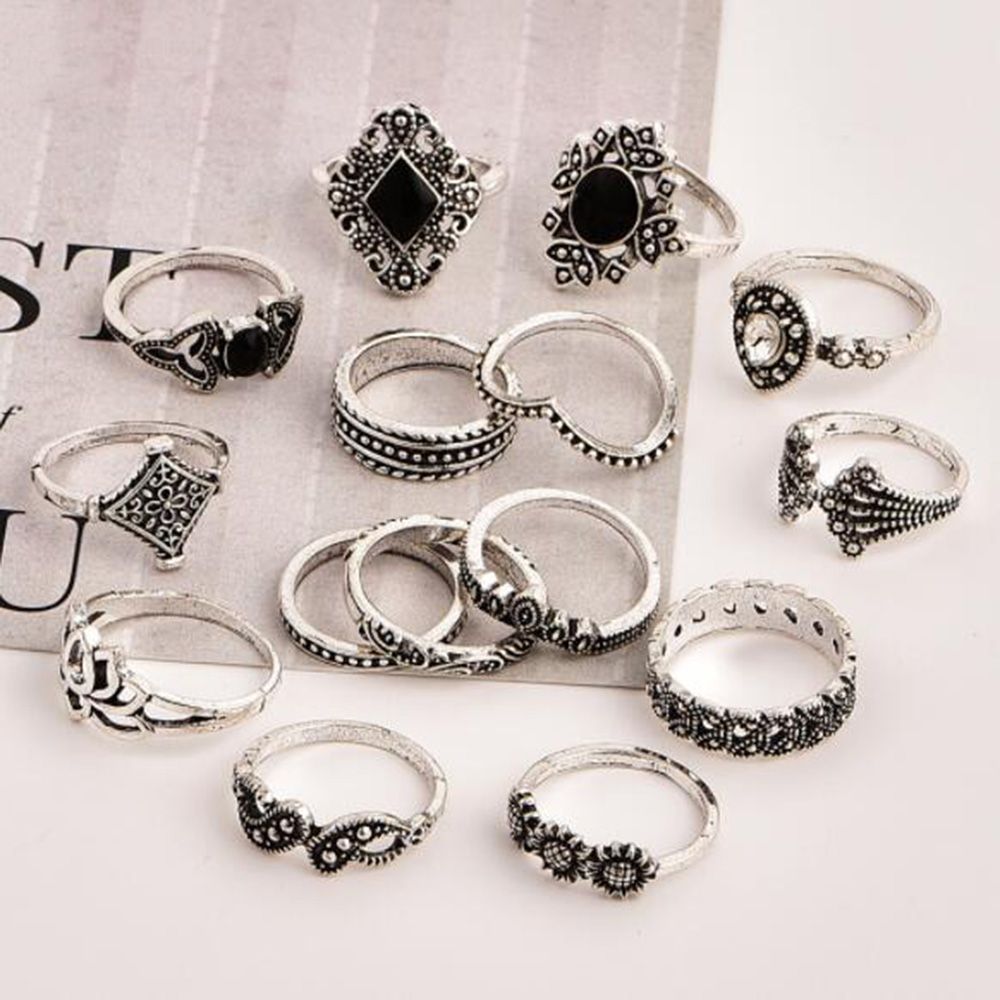 15 Pieces/set Ring Bohemian Vintage Star Moon Vintage Crystal Lotus Gemstone Silver Color Ring Set Jewelry Gift Rings for Women