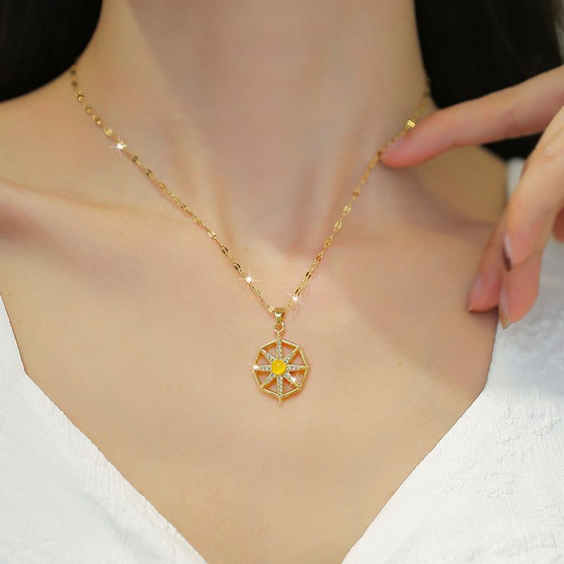 Women Titanium Steel Chain Copper Starburst Pendant Micro Pave Zircon Yellow Center Stone Clavicle Chain Luxury Elegant INS Delicate Necklace Waterproof Anti-Fade Shiny Fashion Neck Jewelry For Daily Dating Wedding Party Ladies Accessories Gift
