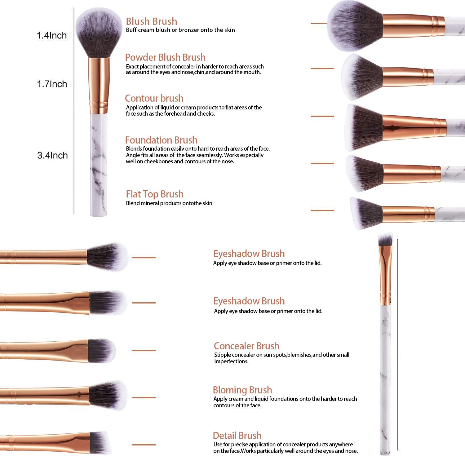 Marble Makeup Brushes Set 10 Pcs Professional Premium Synthetic Kabuki Foundation Cream Face Powder Blush Concealer Eyeshadow Brush