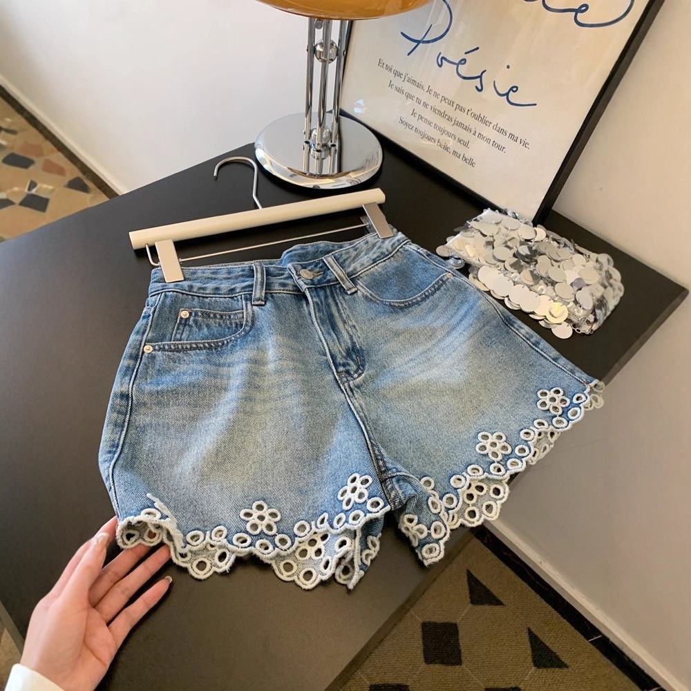 Vintage Embroidered Hollow Out Denim Shorts for Women, High Waist A-line Straight Leg Hot Pants, Casual Loose Wide Leg Slim Fit Short Jeans, Unique Designer Summer Streetwear