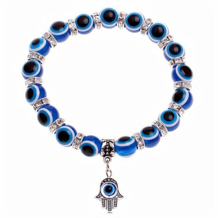 Huadeer Evil Eye Beaded Charm Bracelets Blue Eye Bead Hamsa Stretch Bracelet Hand of Fatima Turkish Lucky Bracelet for Women Men for Protection and Blessing