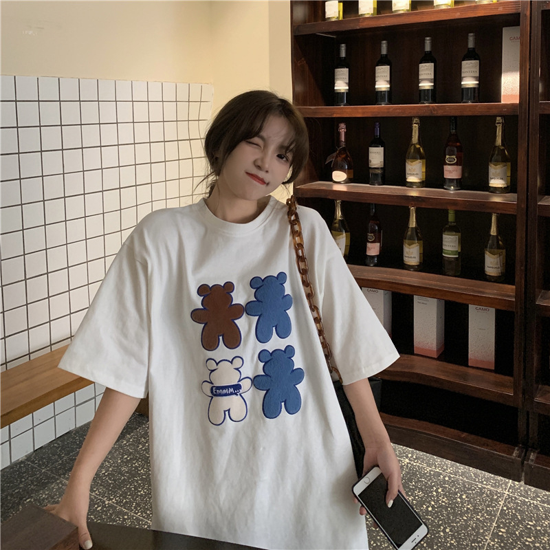 Women's Summer New Mid Length Cute Little Bear T-Shirt Round Neck Loose Short Sleeve