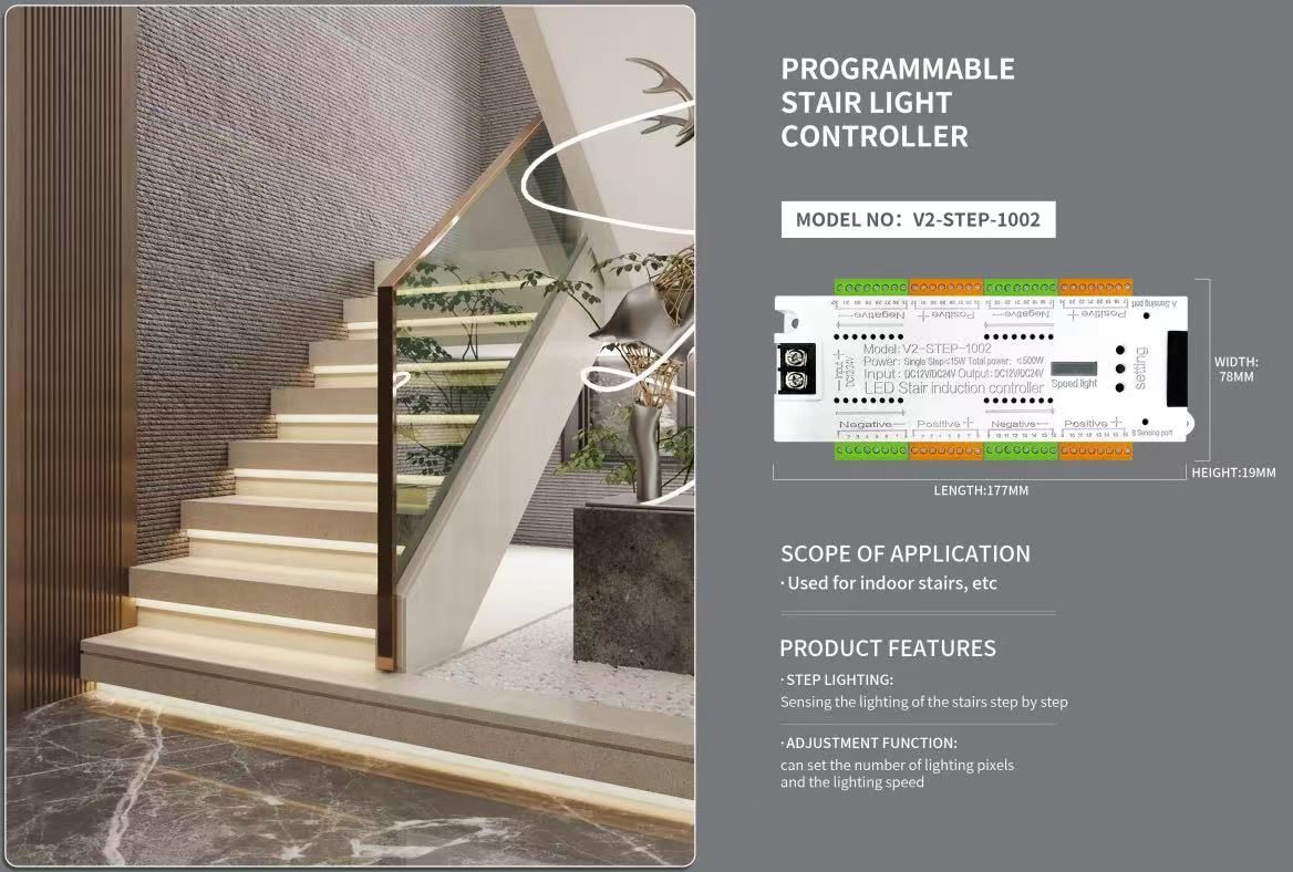 32 Channel Motion Sensor LED Stair Controller Automatic Staircase Lighting Controller Short Circuit Proof Stairway Step Light Controller Adjustable Brightness for Indoor Under Stair Lighting model 1002