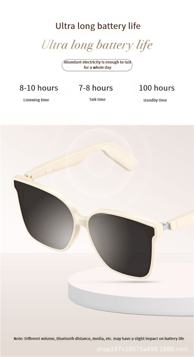 AI smart sunglasses with Bluetooth, polarized lenses, UV and blue light protection, music and call functionality, transparent design, and interchangeable lenses.