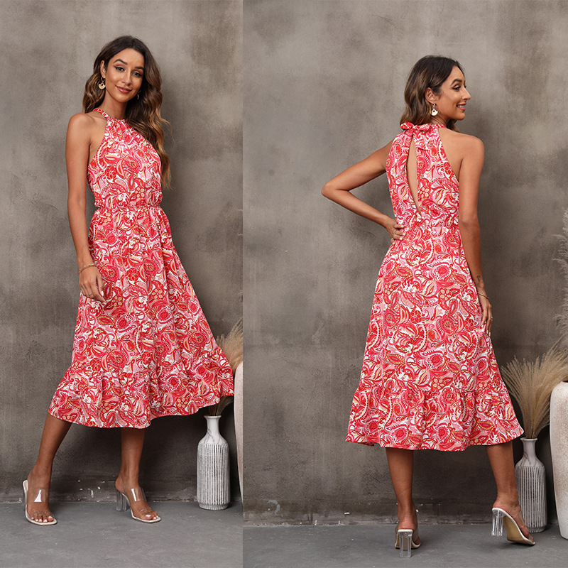 X040 Women's Sleeveless Halter Neck Floral Dress