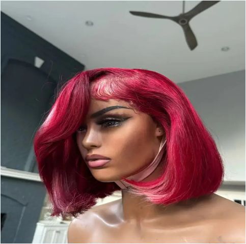  Short BOBO 4*4 Straight Wig WINE Burgundy Highlight Color- Closure Lace Wigs Human Hair 180 Density Pre Pluck Lace Wig
 
