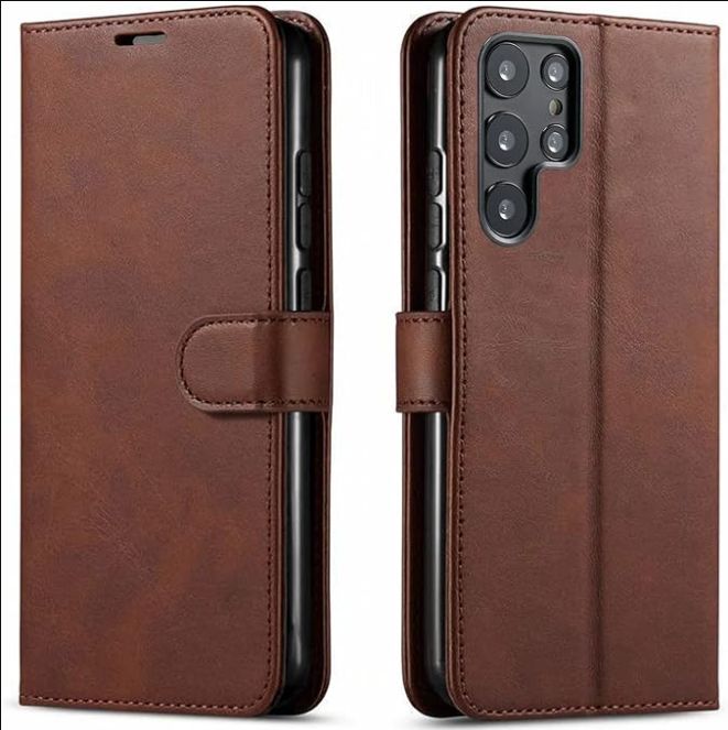Samsung Galaxy S22 Ultra Case, S22 Ultra Case, STARSHIP PU Leather Wallet Phone Cover 12 Feet Shockproof Drop Protection with Pocket Credit Card Slots and Foldable Kickstand Magnet Closure- Brown
