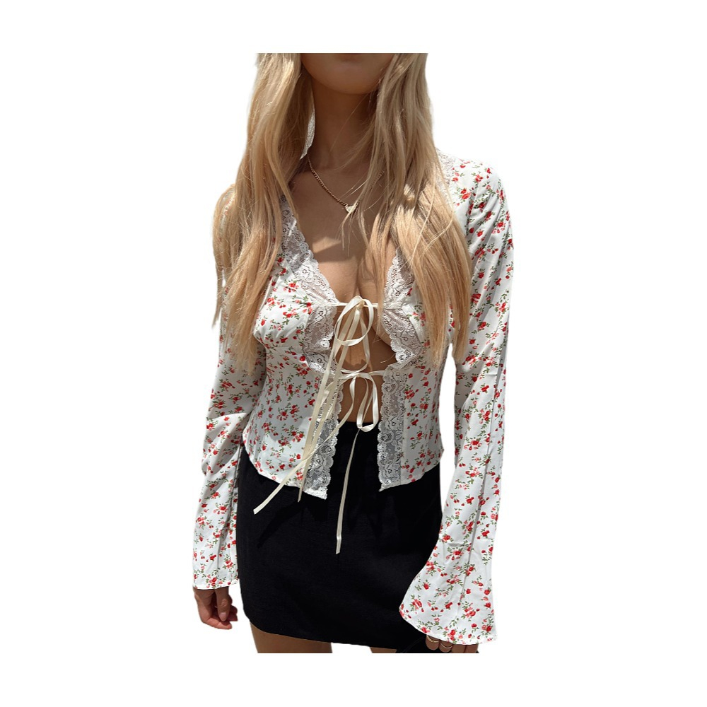 women's lace-up top, printed long sleeves, girls' V-neck, slim fit florals