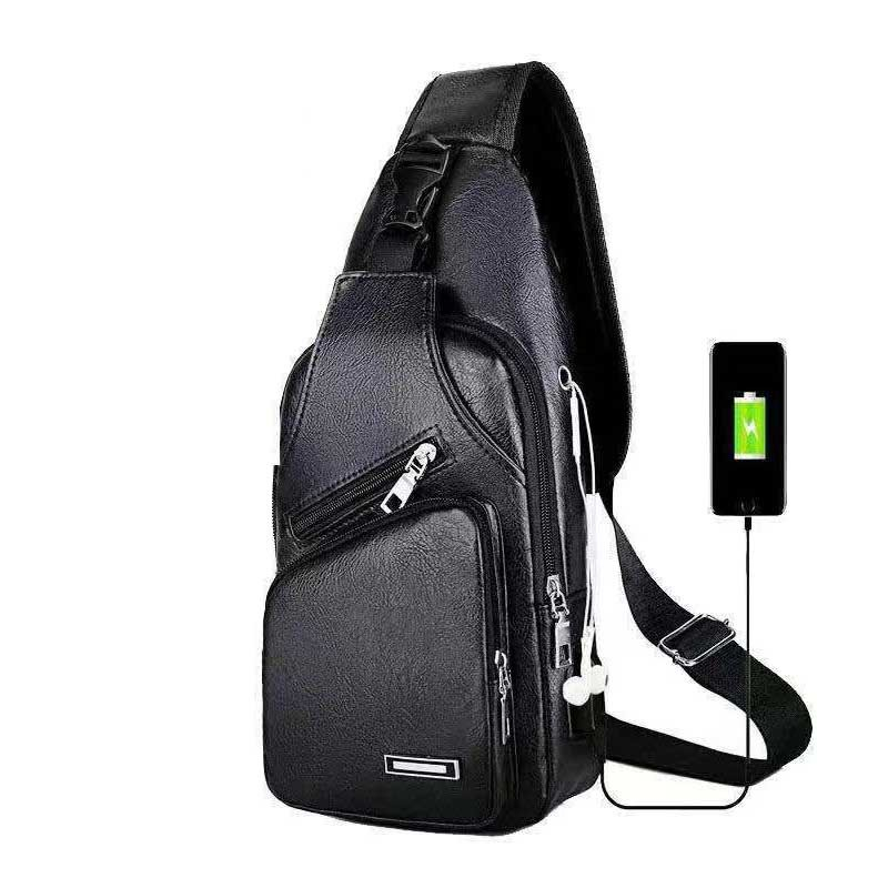 615 Men's USB Chest Bag Crossbody Package PU Leather Shoulder Bags Package Travel Chest Bag