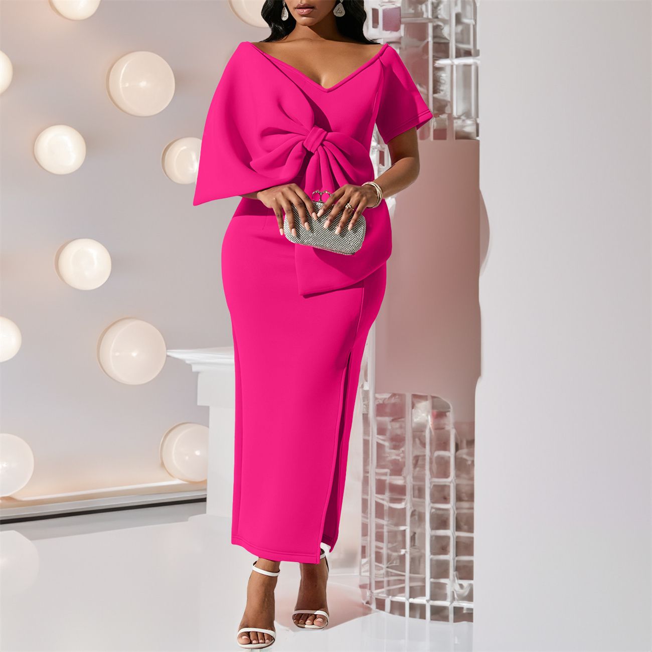 D395 party dress Sexy big bow split dress wrap hip dress European and American dress