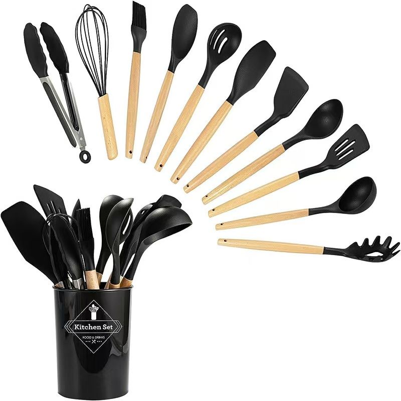 12pcs Silicone Kitchen Cookware Non-stick Pan Frying Shovel Wooden Handle Bucket Set