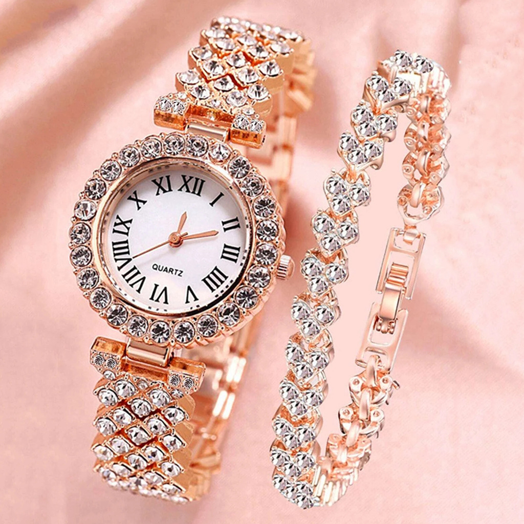 women's diamond watch and bracelet set fashion girls watch set steel strap