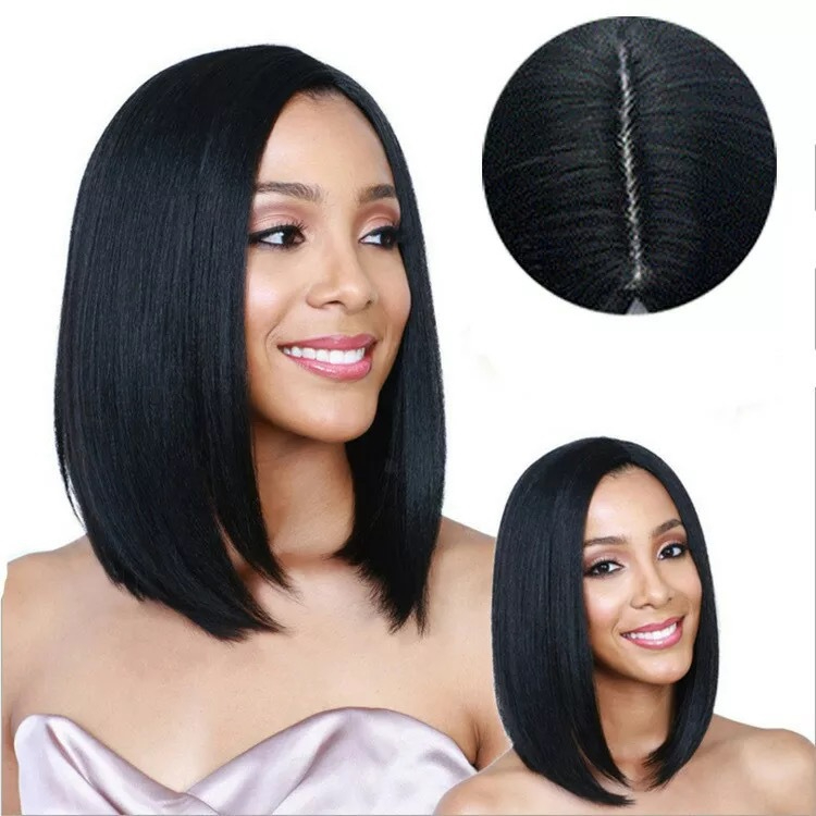 Short Bob Straight Synthetic Wigs Black Mid-Part Wig Heat Resistant Wigs Cosplay Party Daily Hair