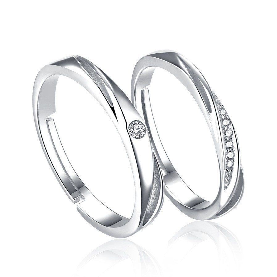 TL-090 925 Sterling Silver Couple Rings, Opening Adjustable Eternity Promise Engagement Wedding Statement Rings Simple Jewelry Gifts for Women Girls Men BFF