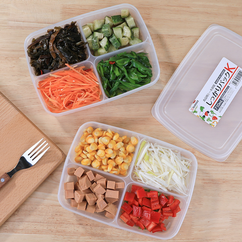 K154 4 Grid Food Storage Container,  Plastic Food Containers with Lid, Stackable Portable Freezer Storage Containers - Tray to Keep Fruits, Vegetables, Meat and More