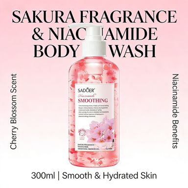 SADOER Sakura Fragrance Niacinamide Smoothing Shower Gel 300ml, Gentle Cleansing, Long-Lasting Floral Scent, Hydrating & Refreshing Body Wash for All Skin Types