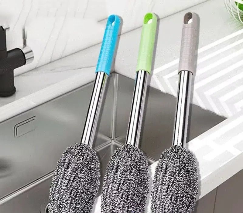 Hot Selling Long Handle Stainless Steel Pot Brush Durable Steel Wool Scrubber Extended Rod Kitchen Cleaner Brush for Washing Pot Bowl Bottle Cans Heavy Oil Stain Household Cleaning Tool