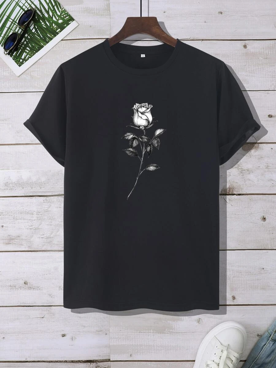 DX047# Men Rose Print Tee T-Shirt