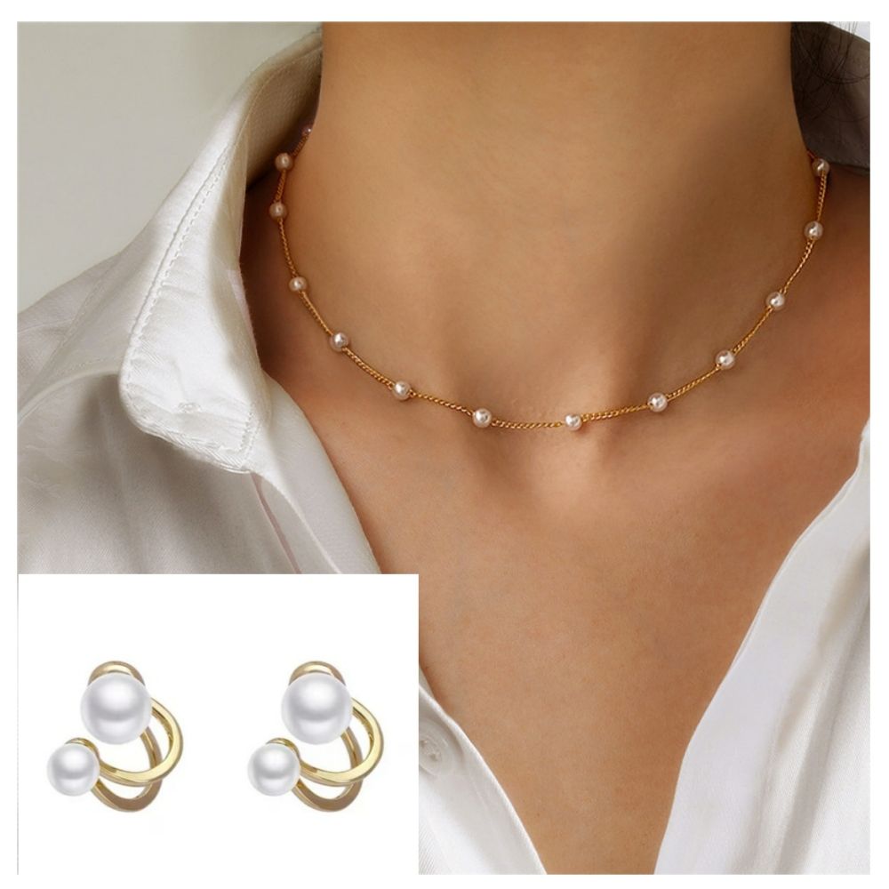 3pcs/set New Jewelry SetsBeads Neck Chain Kpop Pearl Choker Necklace + earrings Gold Color Goth Chocker Jewelry On The Neck Pendant Collar For Women