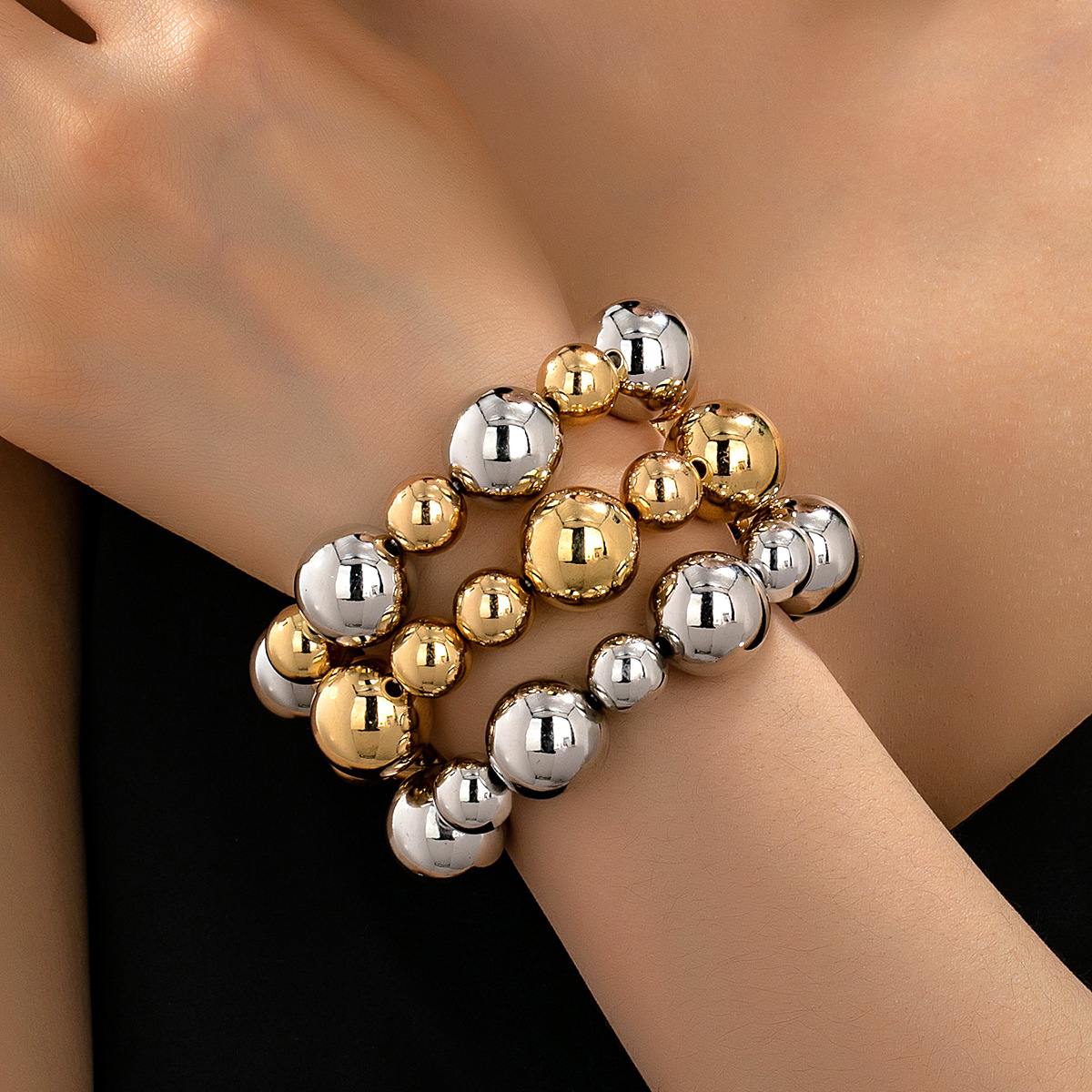 3-Piece Mixed Metal Beaded Stretch Bracelet Set with Large & Small Round Balls, Gold & Silver Tone Stackable Statement Jewelry for Women
