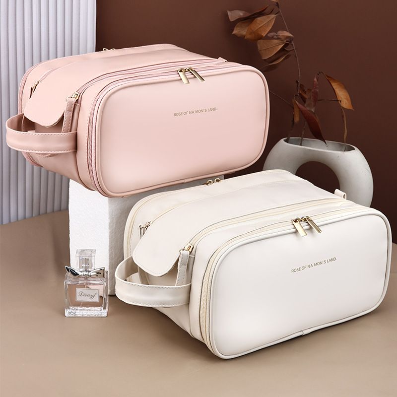 Double Zipper Handheld Cosmetic Bag, High Appearance PU Travel Storage Bag, Three-Layer Large Capacity Portable Toiletry Organizer for Travel Business Trip
