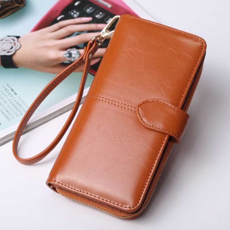 Women Wax PU Leather Clutch Purse Snap Button Flap Long Wallet With Zipper Large Capacity Phone Holder Oil Skin Portable Ladies Hand Bag Daily Travel Accessories

