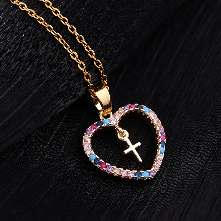 Necklace male female couples jewelry Europe and America fashion New Jewelry love Micro inlaid colored zircon geometry cross Pendant Heart shaped necklace CRRSHOP men women Colorful gold necklace lovers 