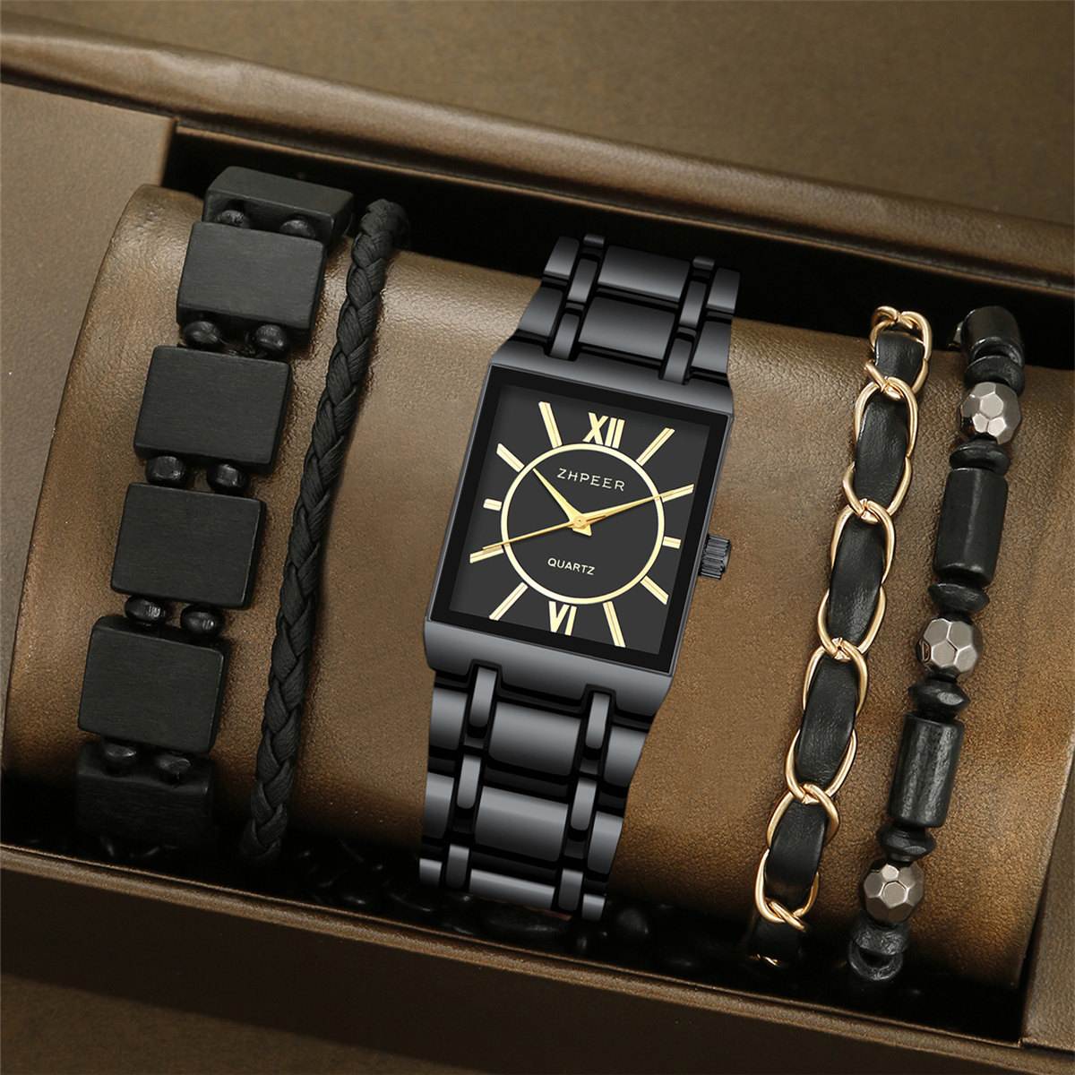 ZP007 5PCS/SET Men's Business Fashion Watch Set, Men's Luxury and Elegant Quartz Watch Bracelet Set Perfect Gift for Him (No Box)