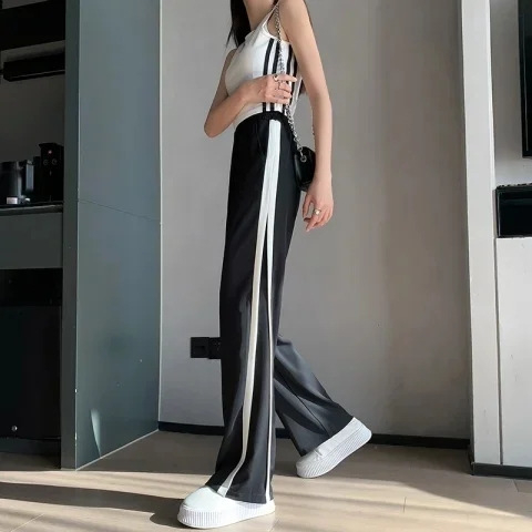 Women's Summer Thin High-Waisted Wide-Leg Pants Contrast Paneled Pants