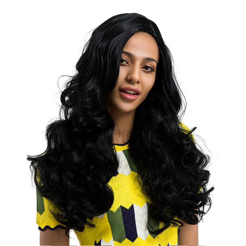 103F 26 Inches Black Synthetic Hair Wigs for Women Right Side Parted Natural Looking Long Body Wavy Curly Wigs Heat Resistant Replacement Wigs