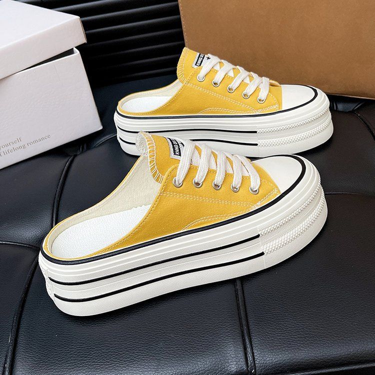 Candy-colored canvas shoes for women 2025 summer new style a single shoe with a full head preppy style thick sole simple half slipper