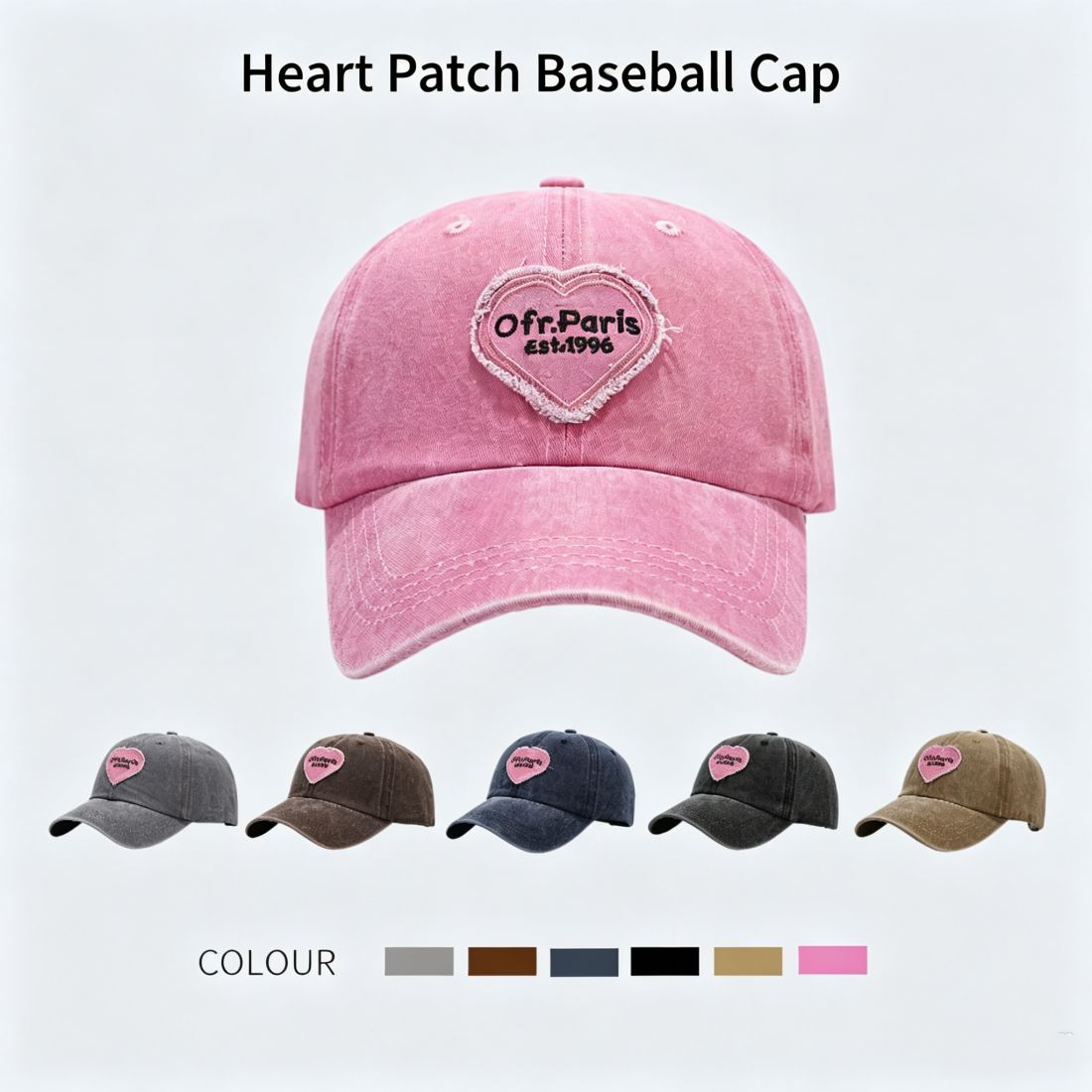  Retro Washed Cotton Duckbill Cap, Stylish Pink Heart Embroidery Baseball Hat, Soft Breathable Sun Shade Cap, All-match Casual Street Accessories for Ladies