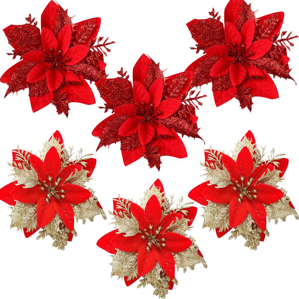 ES-21-46 3PCS Christmas Flowers Red Gold Bling Flower Heads For Noel Home Tree Decorations Navidad Party Table Setting Decor Supplies