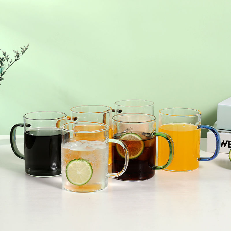Heat Insulation Glass Mugs, 301-400ml Large Capacity Cups With Multicolor Handles, for Beer, Coffee, Milk, Tea and Juice