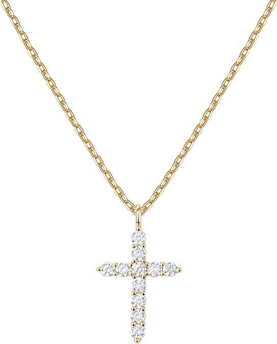 Gold Plated Cubic Zirconia Cross Necklace Women Faith Pendant Necklaces Pearl Diamond Zircon Brass Chain Cross Number Shape
