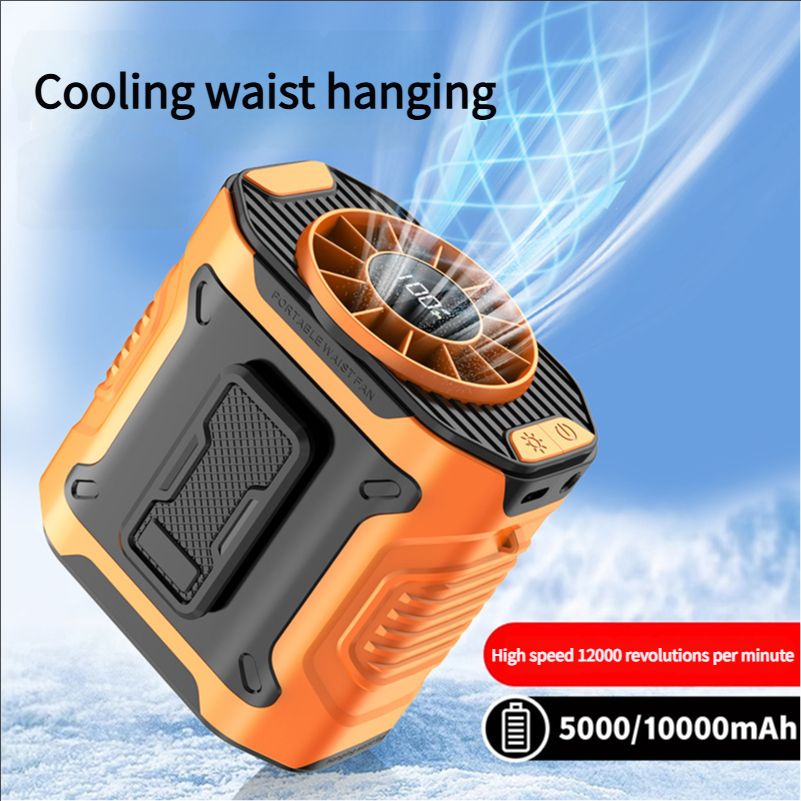 Portable belt air conditioning fan, rechargeable 3-in-1 semiconductor cooling hanging belt fan, equipped with 6000mAh battery and flashlight, three wind speeds, digital display, suitable for construction sites, outdoor, farms, fishing, camping