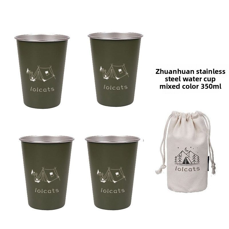 Xiaomi - style 304 stainless - steel camping coffee and beer cup set, travel - portable, suitable for camping, with a drop - resistant water cupArmy green 4-piece set