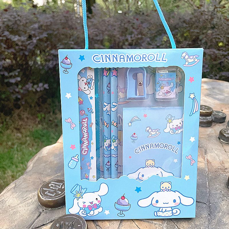 Kawaii Sanrio Painting Primary Stationery Set Kuromi Melody Cinnamoroll POM POM Cartoon Pencil Eraser Pencil Case Student Gifts