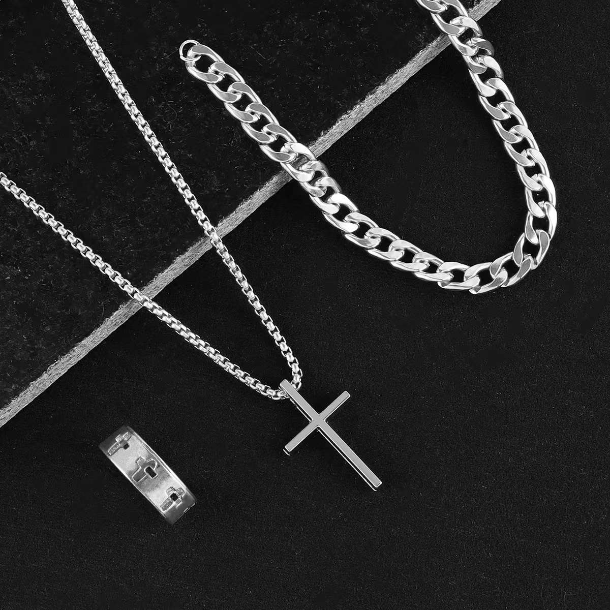 3 Pcs Stainless Steel Bracelet Necklace Ring for Men Women Retro Simple And Personalized Punk Hip Hop Jewelry Set Fashion Gifts