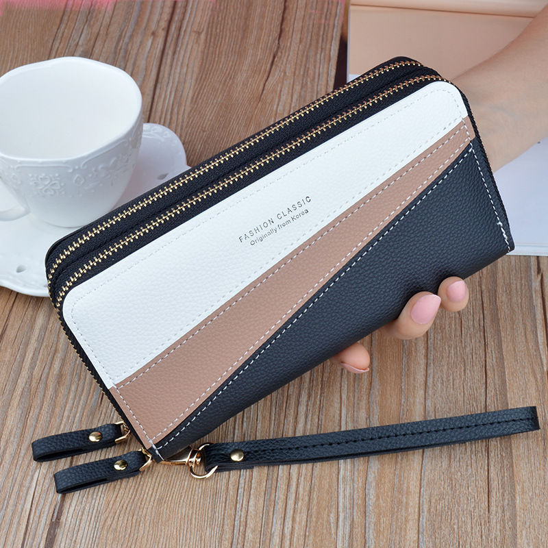 Y-7005 Wristband Phone Purses Women Wallets Splice Female Purse Leather Ladies Long Woman Wallets Big Card Holder Clutch Double Zipper