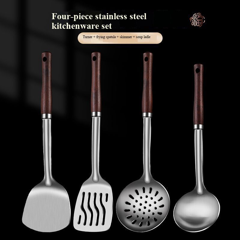 Thickened stainless steel spatula for home kitchen - anti-scald cooking pot, frying pan, colander, and frying spatula set of kitchenware