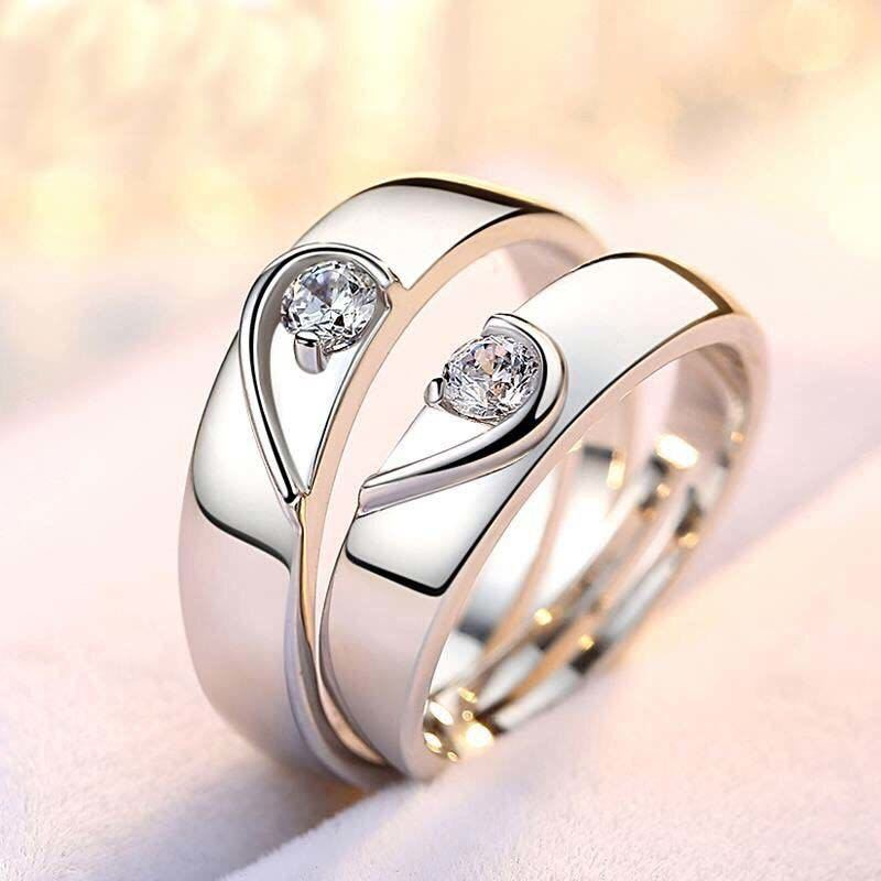 1 Pair Couple Rings Pair of Zircon Silver Plated Heart Shaped Geometric Engagement Ringsc Opening Adjustable New Fashion Jewelry Gift