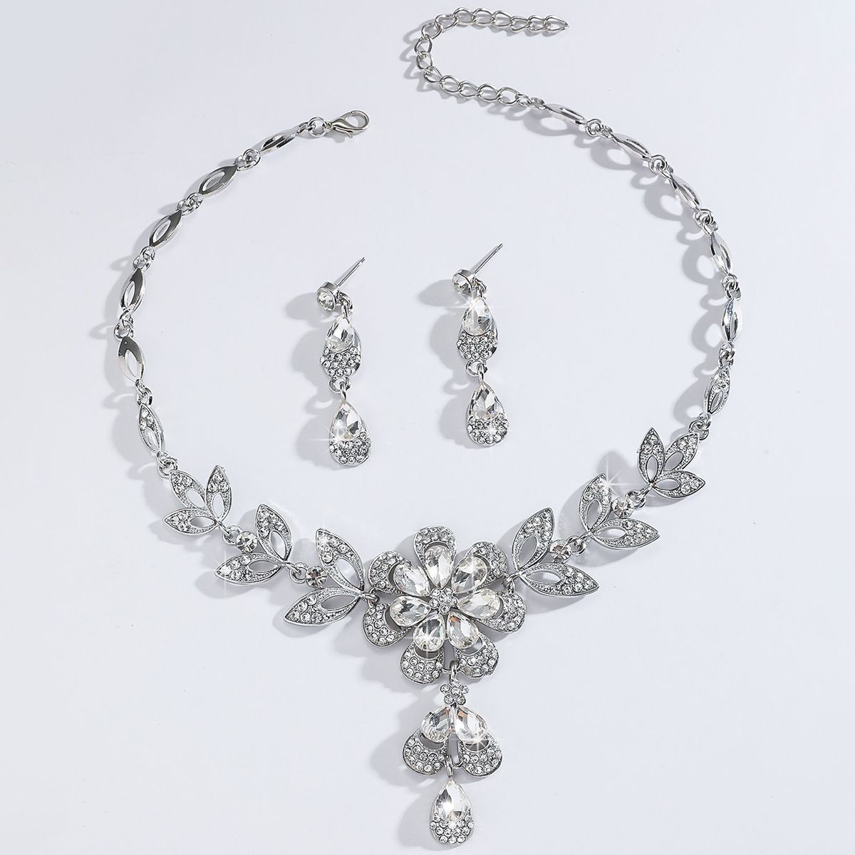 Elegant Premium Floral Waterdrop Cubic Zirconia 2Pcs Necklace Earrings Jewelry Set Leaf Embellishment Adjustable 37.5cm+7cm Extension Chain Multiple Color Selections Eco-friendly Alloy Bridal Wedding Ornaments Versatile Banquet Evening Prom Gown Matching Delicate Women Formal Fashion Holiday Gift Accessories
