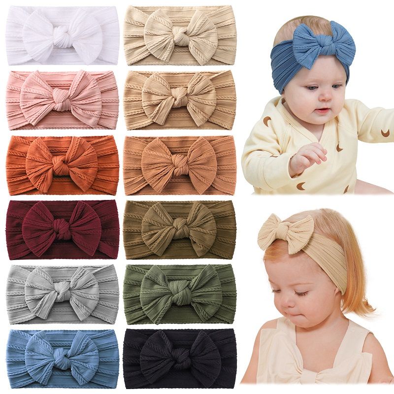 Baby Girl Bow Headbands, 2-Pack Soft Stretchy Knotted Turban Hairbands, Newborn Toddler Elastic Hair Accessories with Big Bows, Neutral Solid Color Headwraps for Infants, Multiple Colors Available