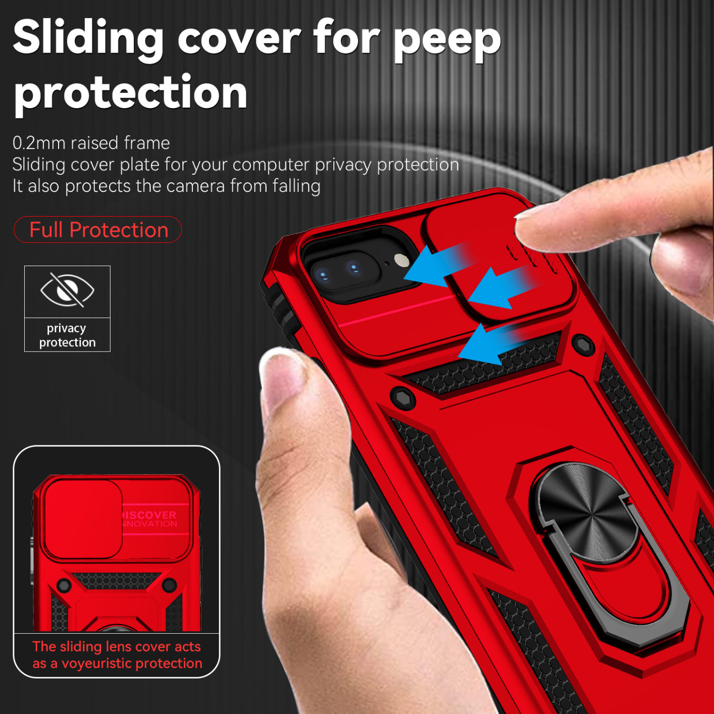 Sliding Camera Protection Shockproof Phone Case For iPhone 6 6s 7 8 4.7 inch iPhone 6 Plus 6s Plus 7 Plus 8 Plus 5.5 inch TPU+PC Double Layer Phone Cover Shell with Rotate Ring Kickstand Metal Plate for Magnetic Car Mount