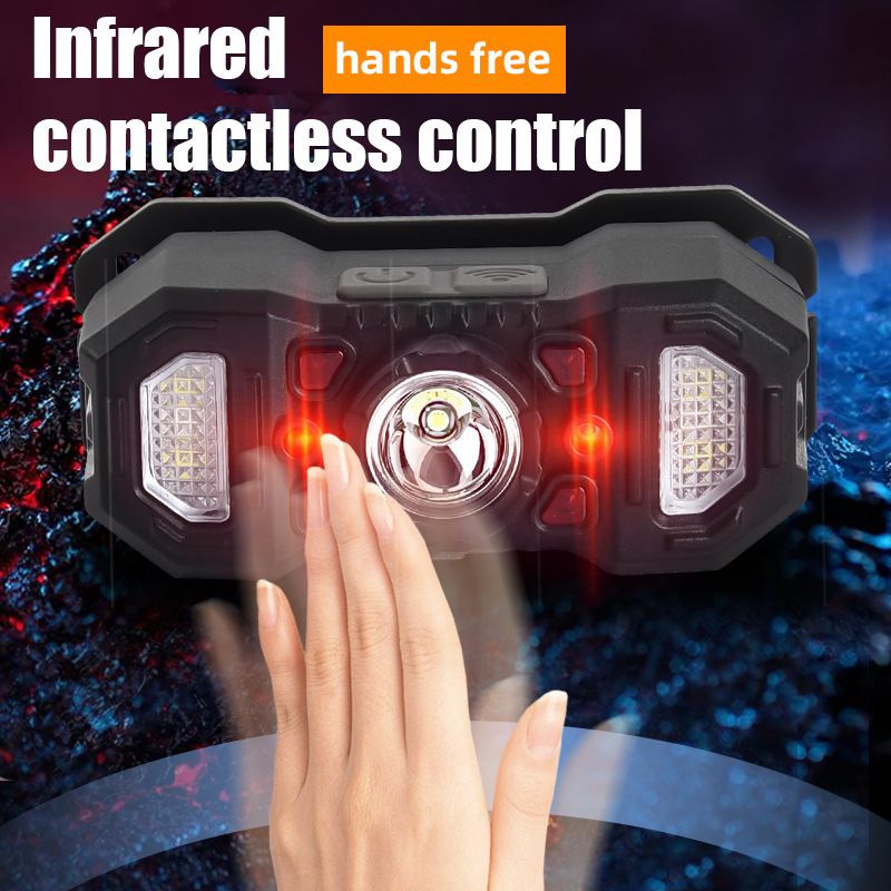 LED Smart Sensor Headlamp, COB Red Warning Light USB‑Rechargeable Bright Waterproof Head Light for Night Fishing Outdoor Use