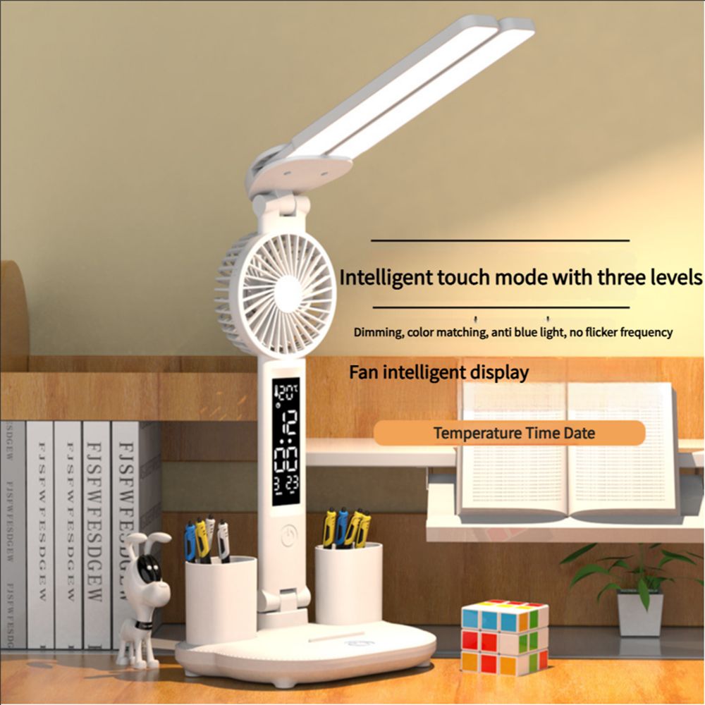 LED Desk Lamp with Fan Desk Lamp for College Dorm Room Desk Lamp with USB Charging Port Adjustable and Dimming LED Four-Head Desk Light with Clock Date Pen Holders Temperature