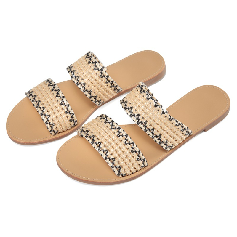 PL0055 Women's Braided Slide Sandals Open Toe Two Strap Slip On Flat Sandals Casual Summer Shoes