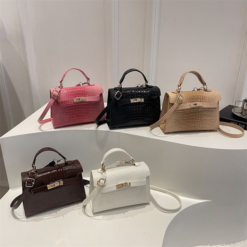 Women's Croc-Embossed Kelly-Style Handbag, 2026 New PU Leather Top-Handle Crossbody Purse with Gold Lock, Elegant Mini Satchel in Pink, Brown, Black, White, Beige
