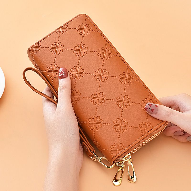 Women Glossy Patent Leather Long Wallet, Double Zipper Double Layer Large Capacity Phone Clutch Purse with Matte Wrist Strap
